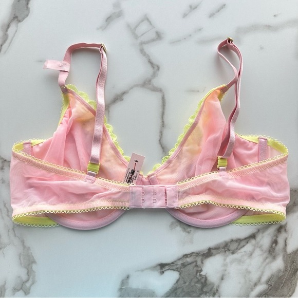 NWT Victoria's Secret Tease Unlined Demi Bra Pink Yellow Lace Trim 36D - Picture 2 of 6